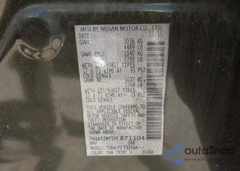 2015 Nissan Rogue S/Sl/Sv from USA, damaged, VIN 5N1AT2MT5FC871104